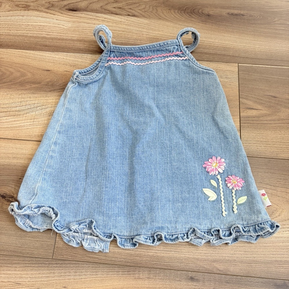 Vintage Cherokee Baby Playwear Denim Floral Embroidered Dress 12M